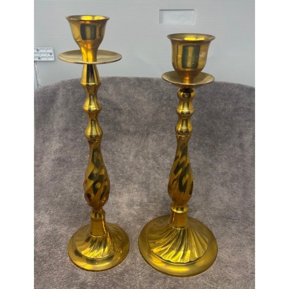 Solid Brass Candlestick Set Gold Twisted Spiral Stem Hand Made in India Vintage